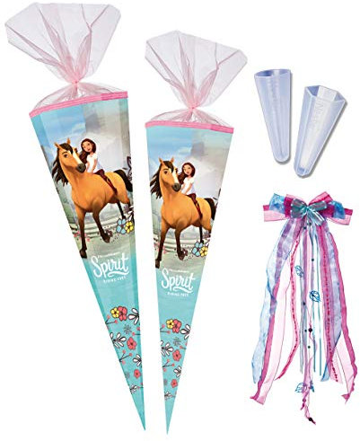 Nestler Schultüten-Set zum Befüllen, Handgemachte Zuckertüte aus Karton - Motiv Spirit - Riding Free -Pferd- inkl. Spitzenschutz, Schleife (70 cm rund mit Sound)