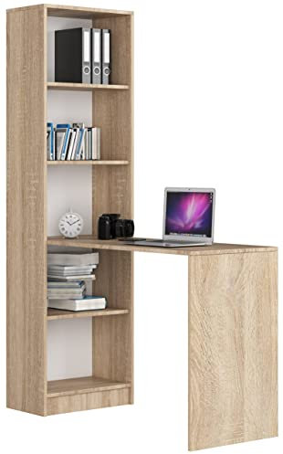 AKORD Schreibtisch Smart, 2-in-1 Kombination Schreibtisch + Bücherregal mit 5 Einlegeböden, Gesamtmaße B125 x H180 x T50 cm, 37 kg