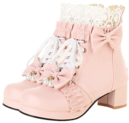 Meefit Stivali da donna con plateau con lacci e tacco grosso stivaletti con fiocco Cosplay scarpe invernali, Rosa, 39 EU