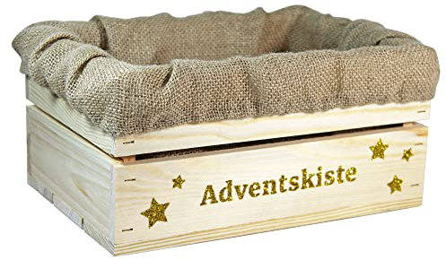 HW HOLZKISTEN-WELT Holzkiste Natur mit Gold-Glitter-Aufdruck Adventskiste mit Juteeinlage - Stiege Steige Weihnachten Präsentkorb Geschenk