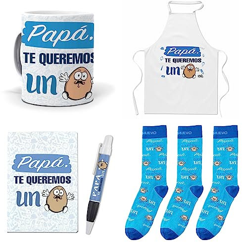 mundohuevo Que Regalar para Papá. Papá te Queremos un Huevo. Taza,Delantal, libreta, boli y Trio de Calcetines
