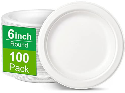 Greconv 6 inch Paper Plates - 100 Pack, Compostable, Small White Plates for Dessert, Cake, Appetizer