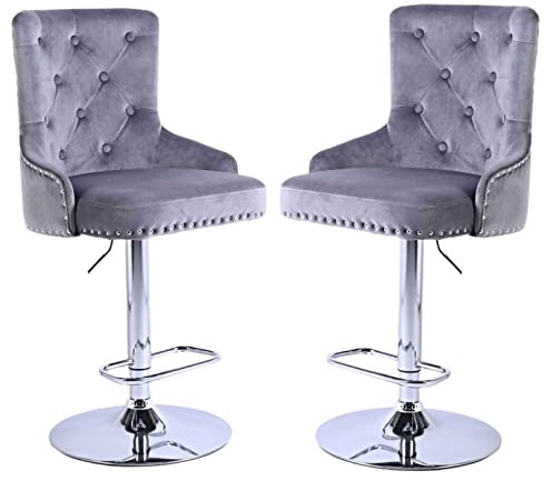 NOVECRAFTO Bar Stools Set of 2 - Featuring Adjustable Swivel Light Grey Velvet Seat And Chromed Steel Frame With Footrest Base - Breakfast Bar Chair Set With Back