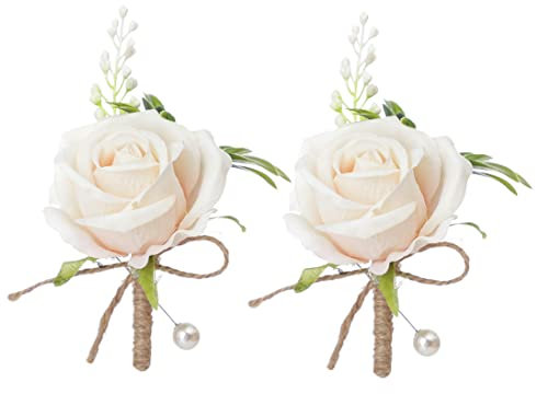 YdseozOA 2Pcs Corsage Wedding Boutonniere Artificial Rose Flowers Bouquet Brooch Decor for Bride Groom Wedding Prom Party Banquet Rose Boutonniere (champagne)