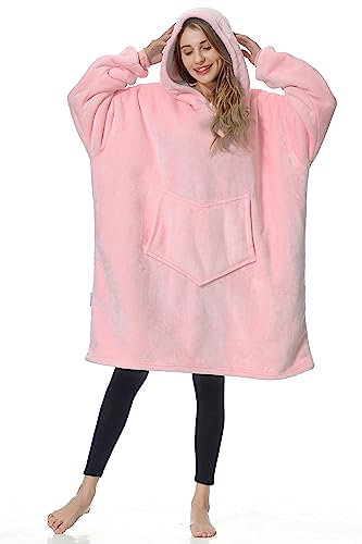 C hello cloud Oversized Hoodie Decke, Wearable Blanket Sweatshirt, Ultra Soft Sherpa Fleece Bequemer Kuschel Hoodie, Gaint Fluffy Jumper Reversible, Einheitsgröße für alle Frauen Männer(Neu rosa)