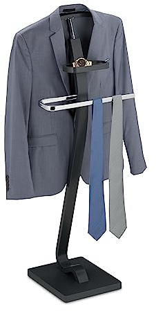 Relaxdays Valet Stand, with Tray, Clothes Butler, Jacket & Trouser Hanger, 112 x 56 x 32 cm, Steel & MDF, Grey/Silver