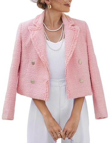 Mina Self Veste Blazer en Tweed pour Femme Printemps 2026 – Mode Chaude entièrement doublée élégante Tendance décontractée Mignonne Manteau avec Poches, Rose, X-Large