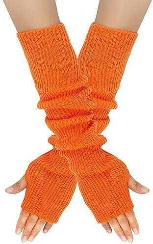 Surakey Winter Gestrickte Handschuhe für Damen, 1 Paar Fingerlose Armstulpen Feinstrick lang Handwärmer Stulpen, Warm Strick Handschuhe Pluswärmer Handstulpen Armwärmer Stulpen für Damen,Orange