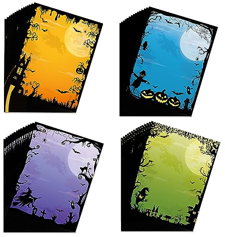 KieTeiiK Halloween-Briefpapier-Set, A4, doppelseitig, gemustert, Halloween-Themen-Briefkopf, Gothic-Briefpapier für Studenten, Kinder, Schriftsteller, DIY, 60 Stück