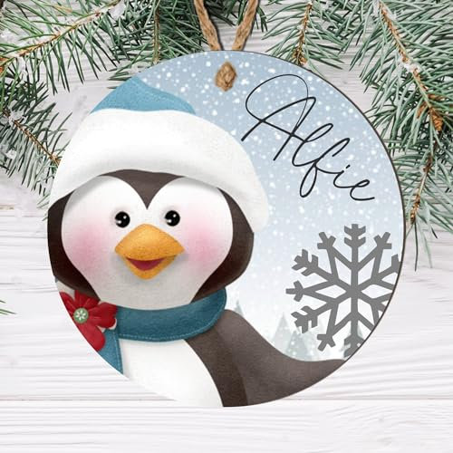 Personalised Christmas Tree Name Bauble - 12 Unique Designs (Elf, Santa, Reindeer, Snowman, Penguin, Polar Bear) (Design 1, Mdf Wood Indoor Use Only)