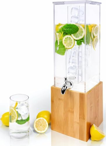 KSESTOR Drinks Dispenser 1.25 Gallon with Tap - Stand and Ice Core | BPA-Free Acrylic Drinks and Juice Dispenser with Bamboo Stand- Ice Core, and Steel Tap for Parties, Weddings, and Events