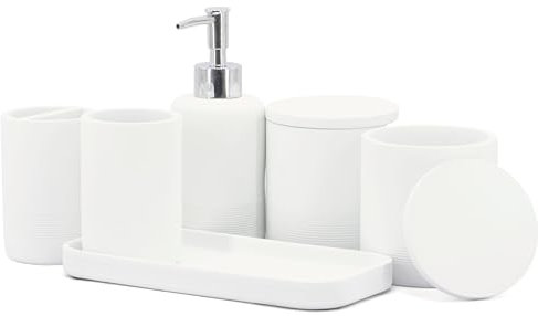 ZCCZ - Weißes Badezimmer-Zubehör-Set 6-teilig – Zahnbürstenhalter, Lotionseifenspender, 2 Qtip-Halter-Spender, Schminktisch-Tablett, Badezimmerbecher – dekorativer Schreibtisch-Organizer