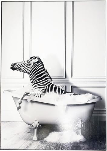 KUSTOM ART Bild Serie Tiere Badezimmer Dekor Zebra in der Badewanne Druck auf Holz 30 x 21 cm.