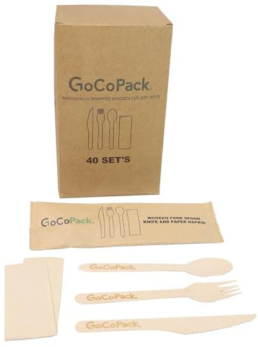Individual Wrapped Wooden Compostable Cutlery Set's - Pack of 40 Individually Wrapped Wooden Spoon, Fork, Knife and Napkin Cutlery Set