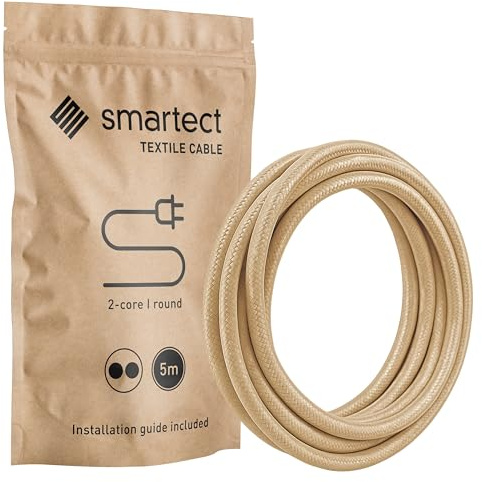 smartect Câble Textile 2 Conducteurs (2 x 0,75mm²) en Marron Clair 5 Mètres | Vintage Fil Électrique Tissu, Câble Tissu Lampe idéal pour les Projets de Bricolage