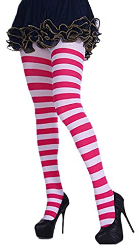 CASNO Collants pour femme arc-en-ciel multicolore rayés collants opaques en microfibre bas à pieds collants de costume de Noël accessoires, Rose rouge et blanc, M