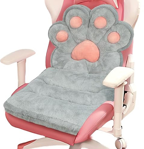 QIUODO L-Shape Cat Paw Cushion, Faux Rabbit Fur Gaming Chair Cushion Soft, Gaming Chair Pillow Kawaii Chair Cushions for Office Desk, Comfy Plush Seat Cushion for Room Decor(Grey)