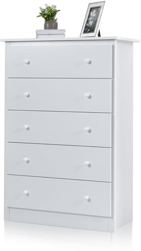 COSTWAY Kommode weiß, Sideboard mit 5 Schubladen, Schubladenschrank Holz, Schubladenkommode modern, 80 x 40 x 115 cm