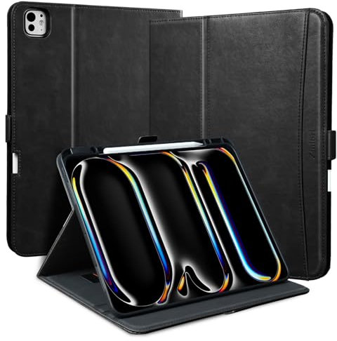 Zinibri Handgemacht Hülle für iPad Pro 11 Zoll M4 2024 A2836 A2837 mit Stifthalter Handschlaufe Tasche, PU Leder Schutzhülle Magnetverschluss Multi Winkle Stand Case Cover Auto Schlaf/Wach, Schwarz
