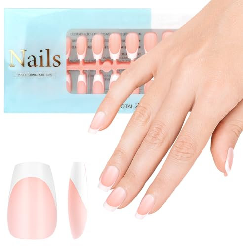 JSRQT 240Pcs French Tip False Nails, Full Cover Artificial Short Coffin Nails for Extension, X-Coat Tips Stick Press on Gel French Nails, Nail Art DIY for Women Girls(Nude)