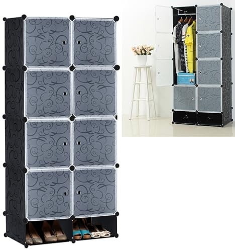TANTEAR Kleiderschrank Schuhregal aus Kunststoff, Regalsystem Kombischrank mit Türen, Garderobenschrank Tragbarer Faltschrank, für Spielzeug Kleidung, 8 Würfel