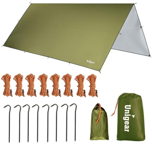 Unigear Tarp 4x4 wasserdicht, Zeltplane für Hängematte mit Ösen + 8 Erdnägel + 8 Seilen, Regenschutz Sonnenschutz für Ourdoor Camping MEHRWEG