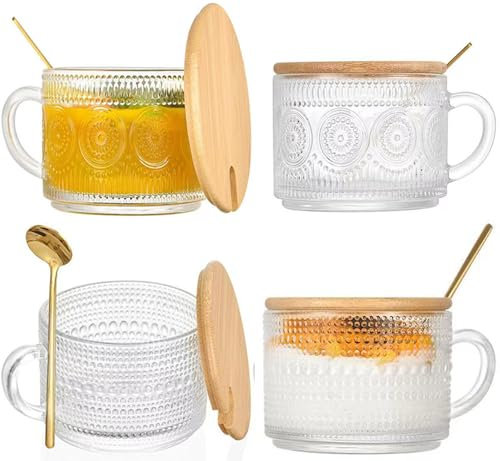 RayLove Lot de 4 tasses à café vintage en verre gaufré avec couvercle en bois et cuillère, pour cappuccino, latte, oats de nuit, céréales, yaourt, cadeaux (translucides)