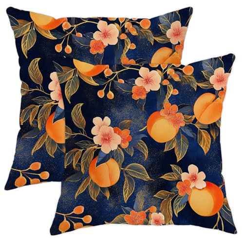 Set di 2 federe per cuscini con motivo floreale, blu navy, con fiori di pesco, decorative, quadrate, per divano, letto, 40,6 x 40,6 cm