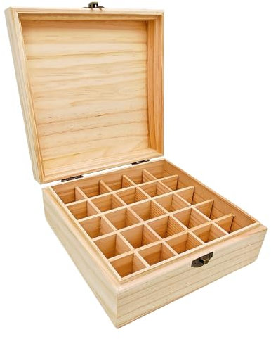 Anktily Scatola portaoggetti in legno grezzo con 25 scomparti, 18,5 x 18,5 x 8,5 cm, scatola in legno non verniciato con chiusura per piccoli ricordi, gioielli, porta bustine di tè