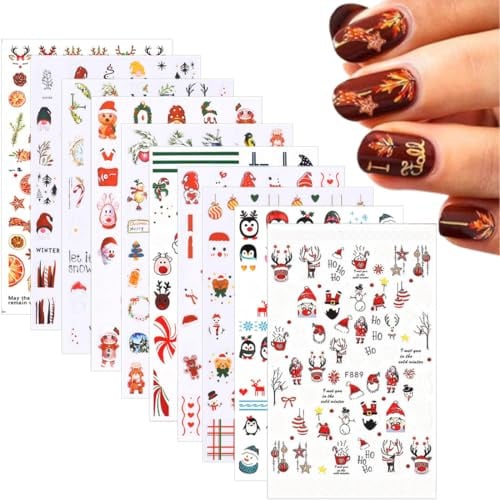 Nagelsticker, 10 Blatt Nagelsticker Weihnachten Nagelaufkleber Selbstklebend, Nagelaufkleber Weihnachten Schneeflocke Rentier, Nagelsticker Selbstklebend, Nagelsticker Winter, Nail Art Sticker