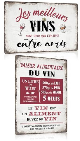 Lot de 2 - Bar Decoration Murale en Alcool Plaque Metal Vintage - Vin Publicitaire Citation Française Panneau Pancarte Pour la Pub Club Cuisine Restaurant 20x30cm