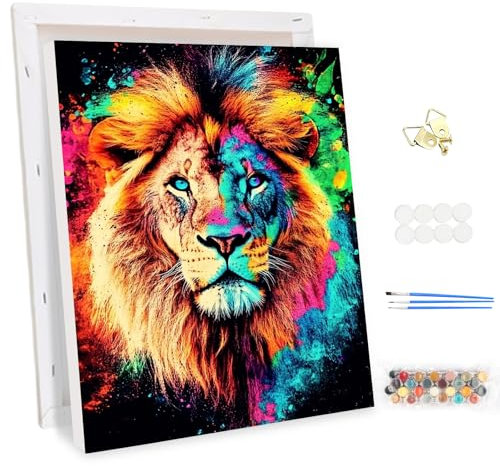 MEIYUDA Peinture par Numero Adulte avec Cadre Lion arc-en-ciel, DIY Peinture Acrylique pour Adultes Débutants Facile sur Toile Avec Peintures et Pinceaux Decoration Maison Cadeau 30x40cm