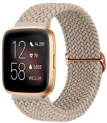 Mugust Armband für Fitbit Versa 2 Armband für Damen Herren, Weiches Verstellbares Geflochtenes Ersatzarmband, Elastisches Nylon Armband für Fitbit Versa/Versa Lite/Versa SE Armband (Milchtee Farbe)