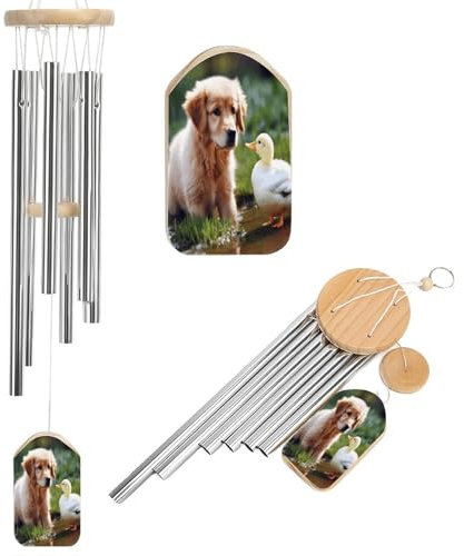 Windspiel für draußen, Hund und eine Ente, bedruckt, beruhigende melodische Töne, Windspiele für draußen, Terrasse, Haus oder Garten, Dekoration, 52,1 cm, 6 Aluminium-Legierungs-Metallrohre