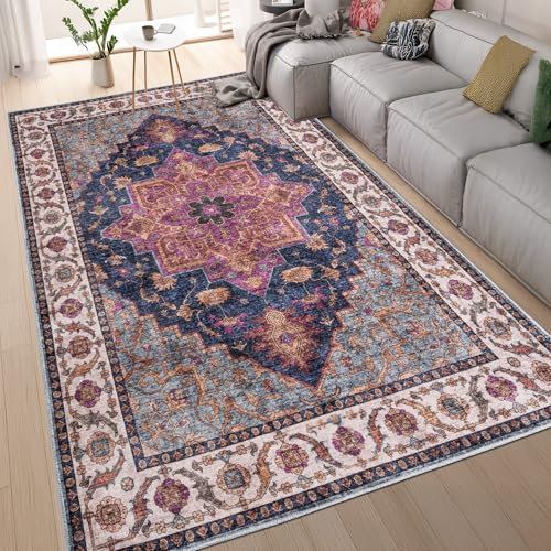 homeart Machine Washable Rug -%63 Cotton, Low Pile Carpet with Non Slip Backing - Non-Shedding Large Rugs for Living Room, Bedroom, Kitchen, Dining Room, Hallway- Traditional Purple Navy, 160x230 cm