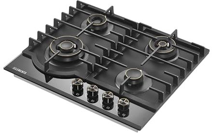 KB ELEMENTS Gaskochfeld 4 Flammig, Gaskochfeld 60cm, 10,25 kW, Kupfer- und Aluminium-Brennern, Gusseisenrost, NG/LPG Konvertierbar, Gaskochfeld mit Flammenschutz,Schwarzes Gehärtetes Glas-Gaskochfeld,