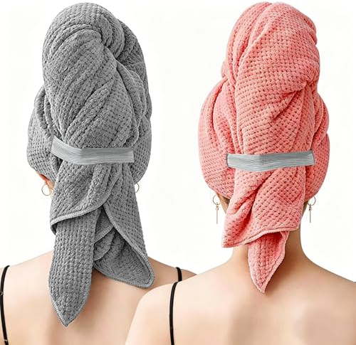 AOOWU Haarturban 4 Stück mit Knopf - Handtuch für Lange Haar, Schnelltrocknend Mikrofaser Kopftuch, Haartrockentuch 100 * 60cm
