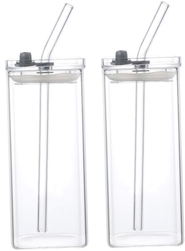 2PCS Glass Cups with Lids and Straws, 400ml Square Drinking Glasses, Temperature Resistant Portable Drinking Cup for Iced Coffee Juice Beverage and More