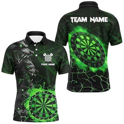 Outfitsuche Benutzerdefiniertes Wolf-Dartshirt für Herren & Damen - Grün-Flammen-Design Dart-Liga-Teamtrikot Leistungs-Dart-Trikot T2799