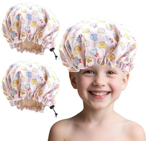 Flomiara 2 Pcs Shower Cap for Kids, Kids Shower Caps for Girls, Cute Hair Cap Wide Elastic Band, Reusable Waterproof Shower Cap, Bath Cap for Kids Girls Boys, Bear Shaped Funny Interesting Shape Pink