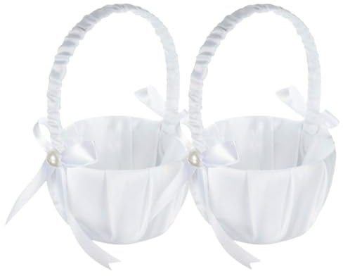 Blumenmädchen Korb mit Henkeel - 2 Stück Weiß Streukörbchen für Hochzeit, Kinder Blumenkörbchen mit Schleife, Satin Blume Korb für Blumenmädchen (20 x 13 cm)