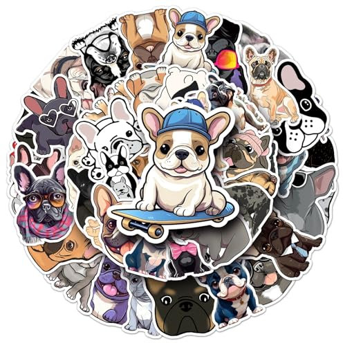 Französischer Bulldogge Wasserdichte Aufkleber Set Geschenk für Jugendliche Erwachsene 50 Stück French Bulldog Vinyl Sticker Deko für Auto Motorräder Fahrrad Skateboard Snowboard Gepäck Laptop