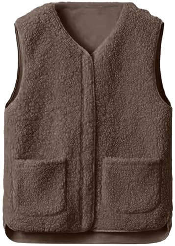 Yutdeng Womens Teddy Fleece Gilet V Neck Zip Up Waistcoat Sleeveless Vest Tops Lightweight Gilet Body Warmers Ladies Cozy Outdoor Fluffy Jacket with Pockets
