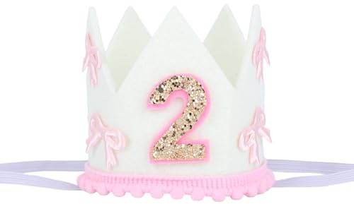 Penitue Geburtstagskrone, Rosa und Weiß Hut zum 2. Geburtstag Filzkrone mit Schleife Kopfbedeckung zum 2. Geburtstag für Mädchen Party Accessoire Foto Requisite