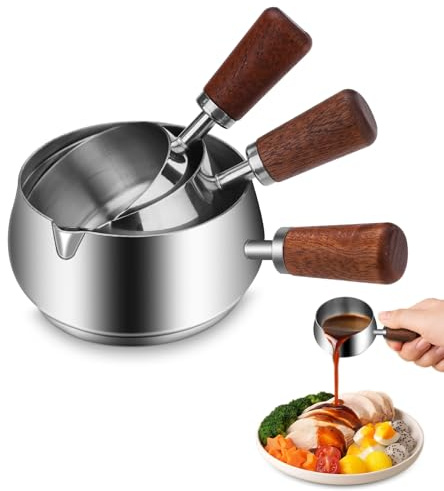 Thatyro 3 Pieces Stainless Steel Mini Sauce Pan with Wooden Handle & Spout, 1.7/3.4/5.1 Oz Silver Small Butter Warmer Saucepan, Reusable Sauce Pot Dipping Bowl (Silver)