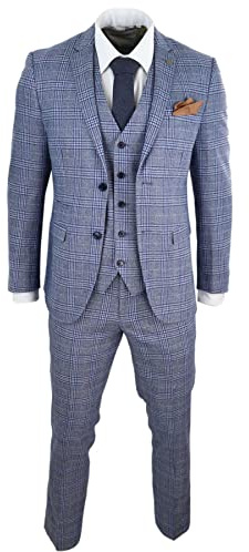 Mens Blue 3 Piece Suit Vintage Navy Tan Check Tailored Fit Classic Gatsby 1920s