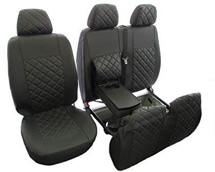 Sitzbezüge aus schwarzem ECO-Leder 2 + 1 Passend für Mercedes Sprinter Crafter 2006–2018 RHD (1 Einzelbett 1 Doppelbett)