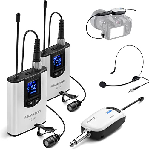 Wireless Headset Lavalier Microphone System -Alvoxcon Dual Wireless Lapel Mic for iPhone, DSLR Camera, PA Speaker, YouTube, Podcast, Video Recording, Conference, Vlogging, Church, Interview, Teaching…