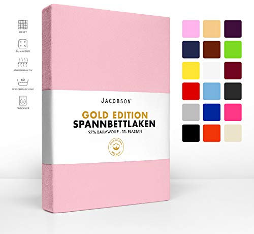 Jacobson Gold Edition Jersey Spannbettlaken Spannbetttuch Baumwolle mit ELASTAN ca. 200 g/m² (90-100 x 220 cm + 40cm, Rosa)
