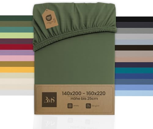 Bettwaesche-mit-Stil Spannbettlaken Jersey Spannlaken Spannbetttuch (140x200-160x220 cm, Matratzenhöhe bis 25cm, Dunkelgrün) Gewicht: 180g/m², 90% Baumwolle 10% Elasthan